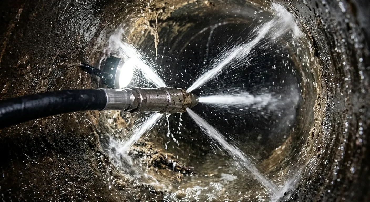 High-pressure hydro jetting nozzle cleaning sewer pipe for Trenchless Sewer Repair in West New York