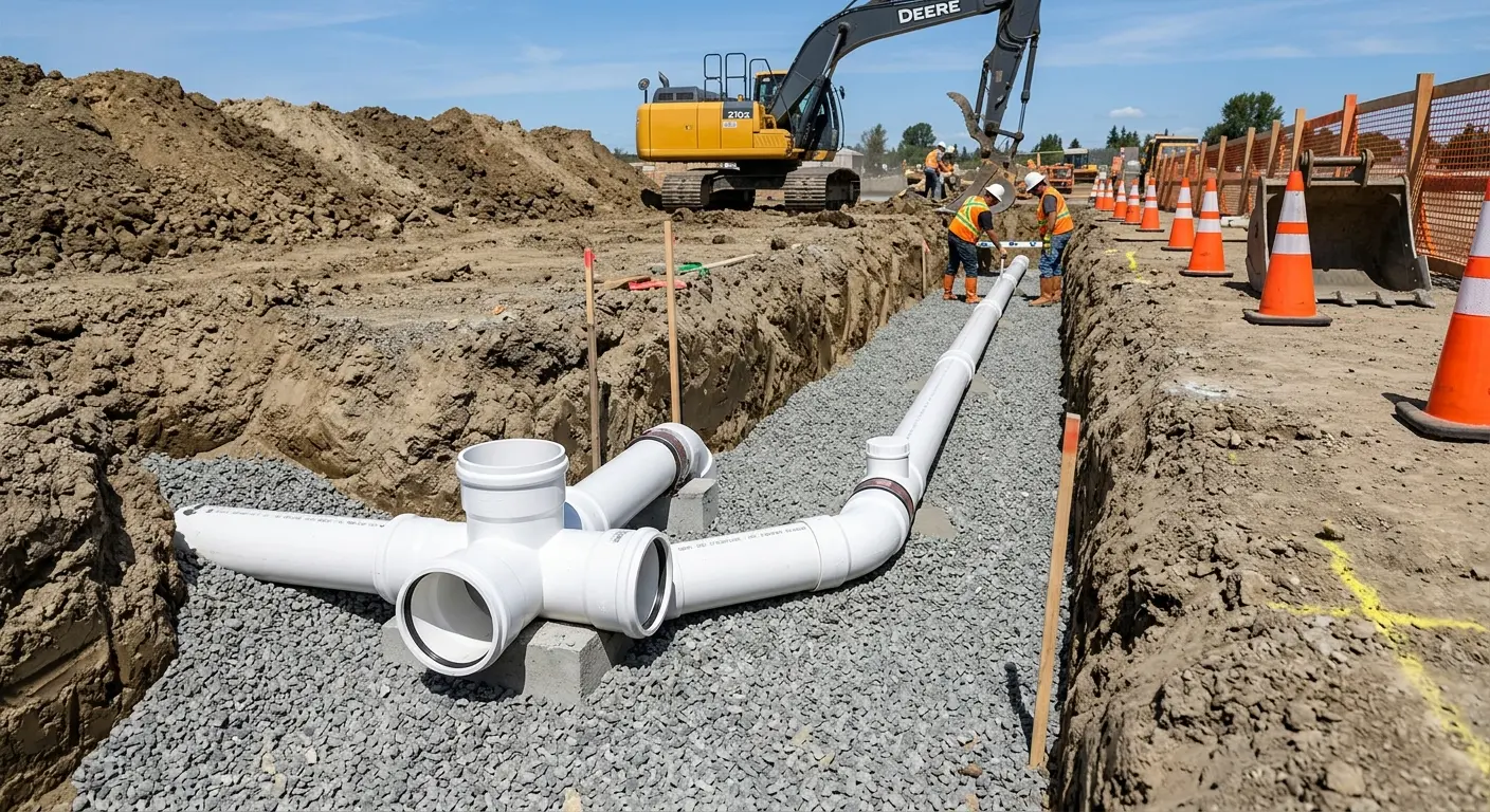 New PVC sewer pipe installation in open trench for Commercial Drain Cleaning in West New York
