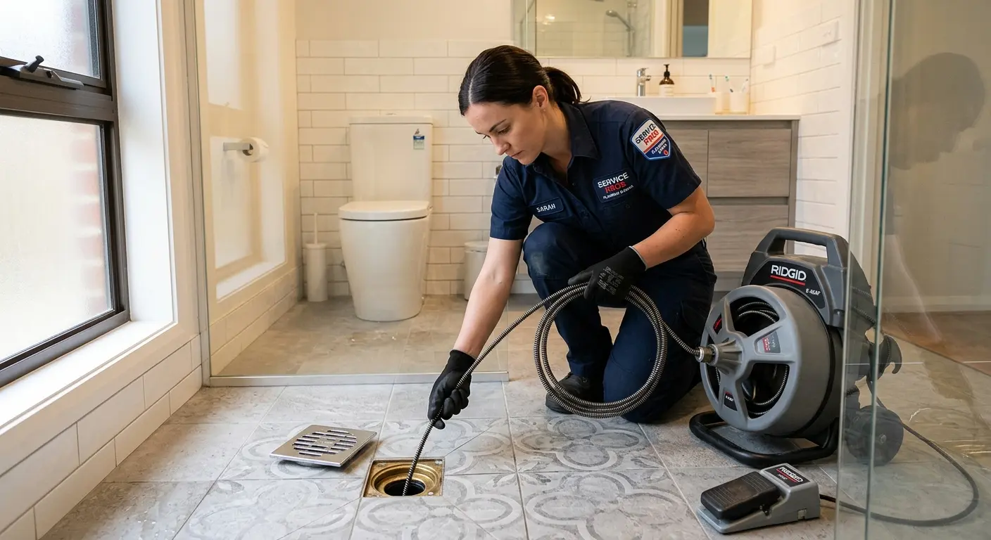 Technician clearing a bathroom floor drain for Clogged Drain Repair in West New York